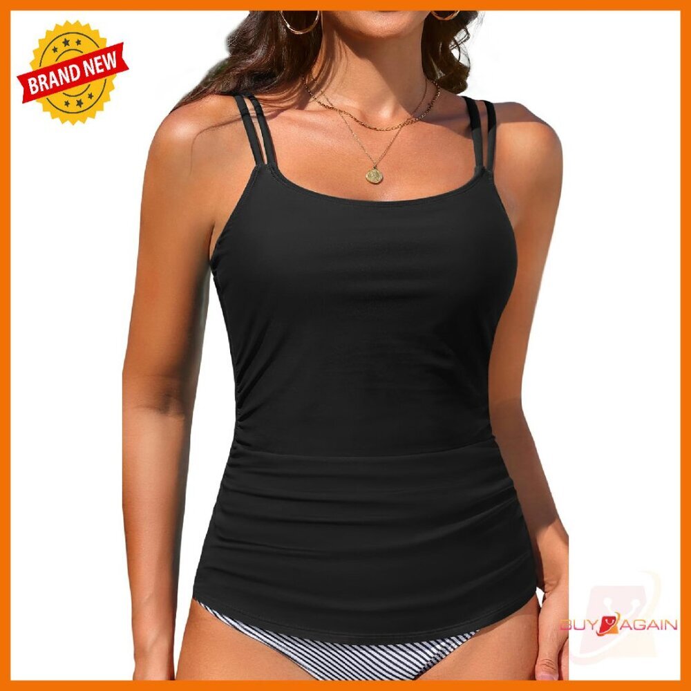 Tummy Control Tankini Top With Shelf Bra - Adjustable Straps, Ruched